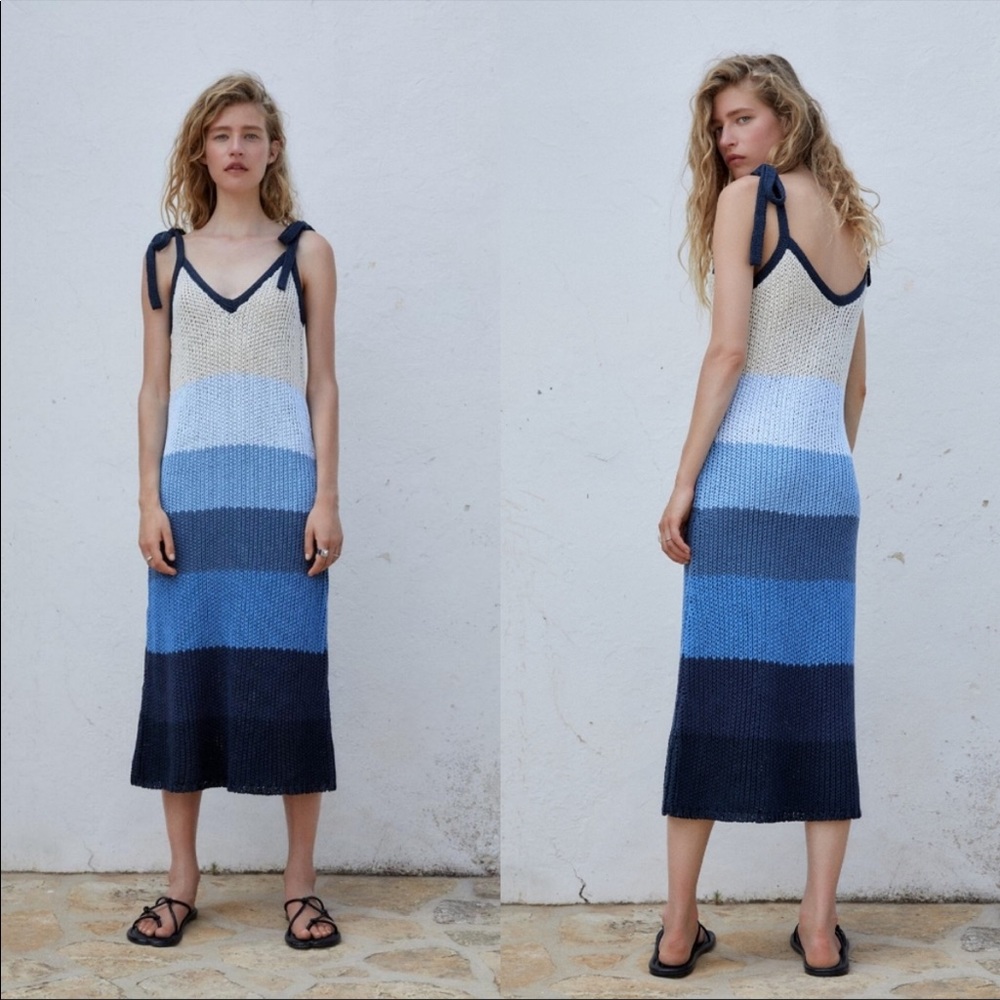 Zara Limited Edition Sweater Blue Color Block Midi Dress